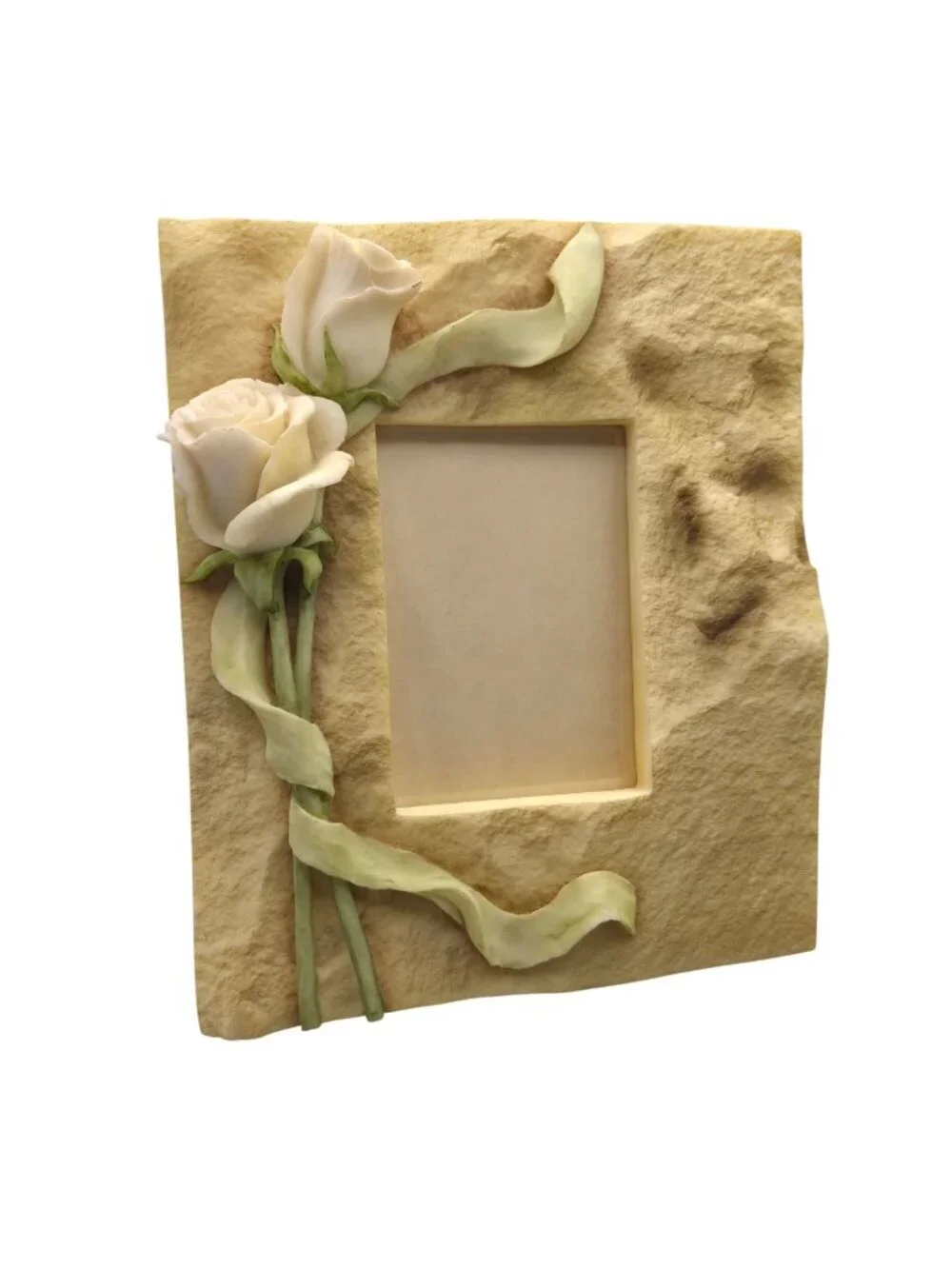 Rose Floral Ribbon Picture Frame Resin Textured Design Rear Load 4.5 x 3 Window